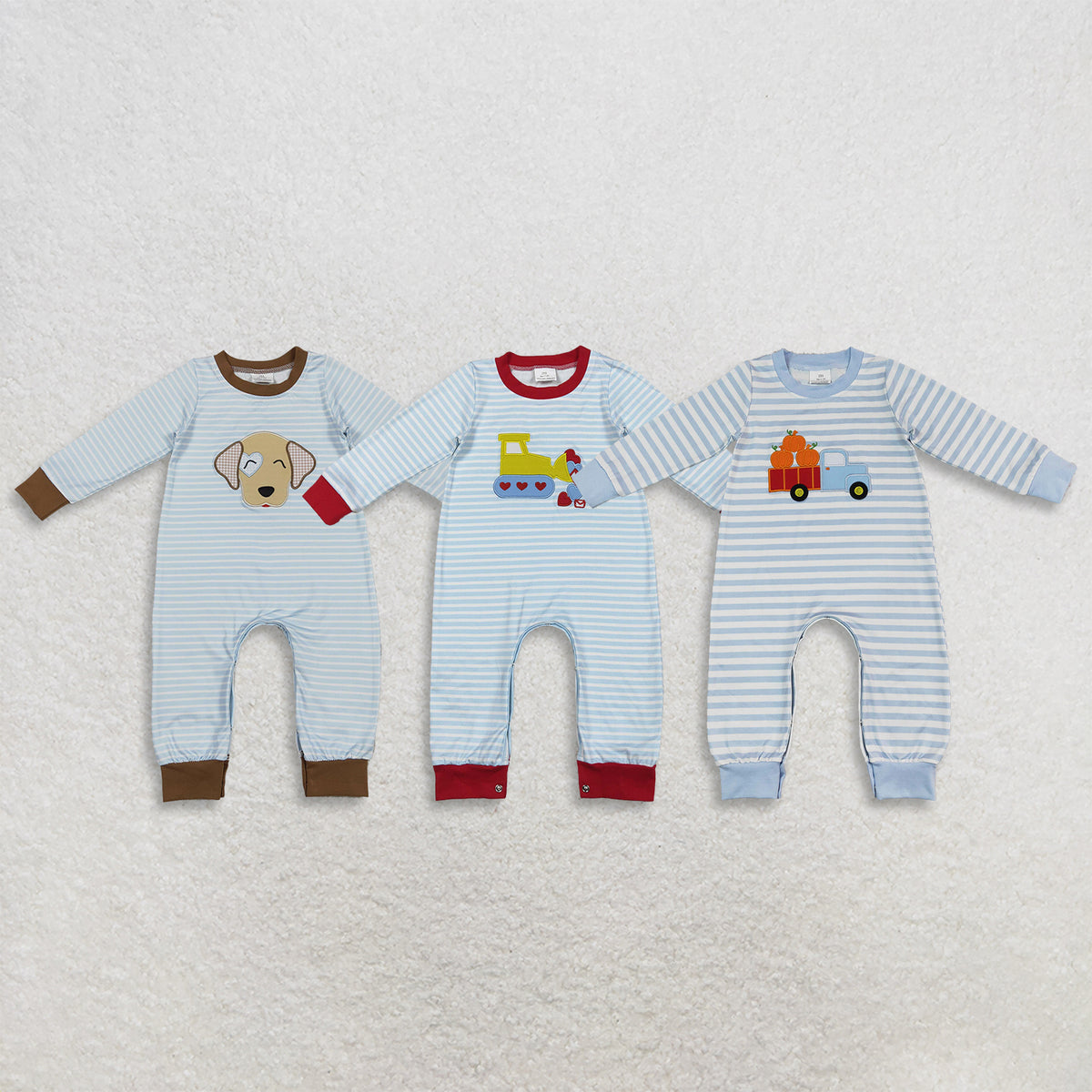 RTS NO MOQ Sibling milk silk Embroidery Baby Boys Light Blue White Stripe Long Sleeve Fall Rompers