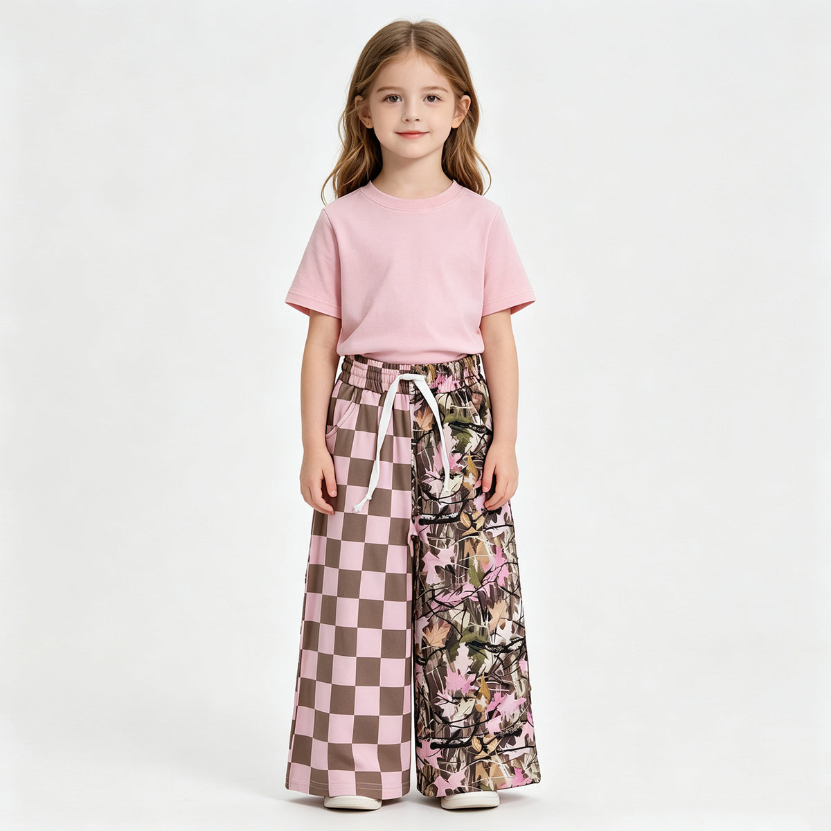 NEW RTS NO MOQ milk silk P1093 Baby Girls Pink Checked Leaves Pants Casual Bottom