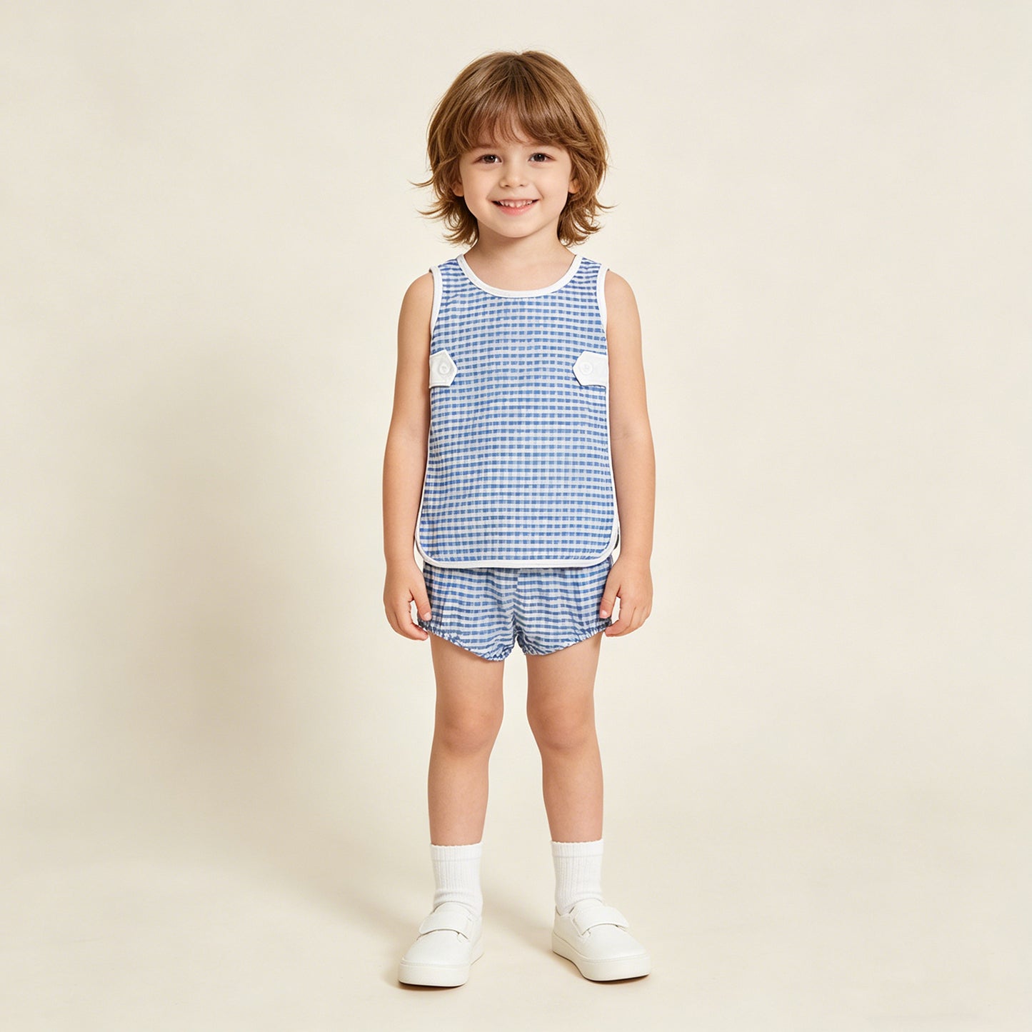 RTS NO MOQ GBO0531 Baby Kids Cute Blue Checked Top Bummies Daily Set