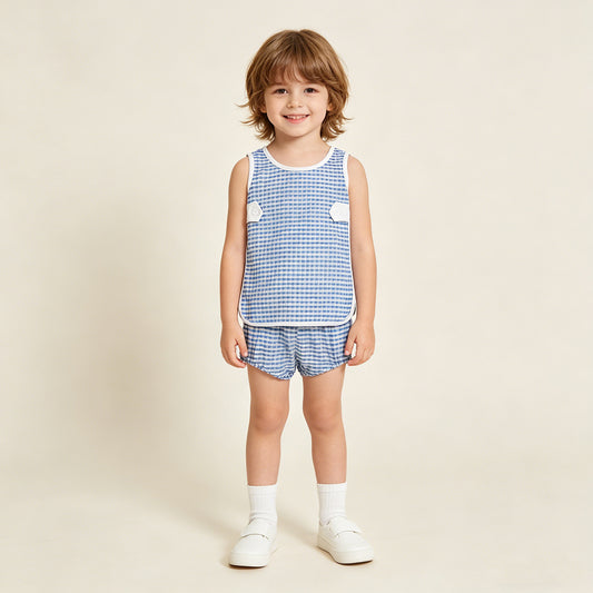RTS NO MOQ GBO0531 Baby Kids Cute Blue Checked Top Bummies Daily Set