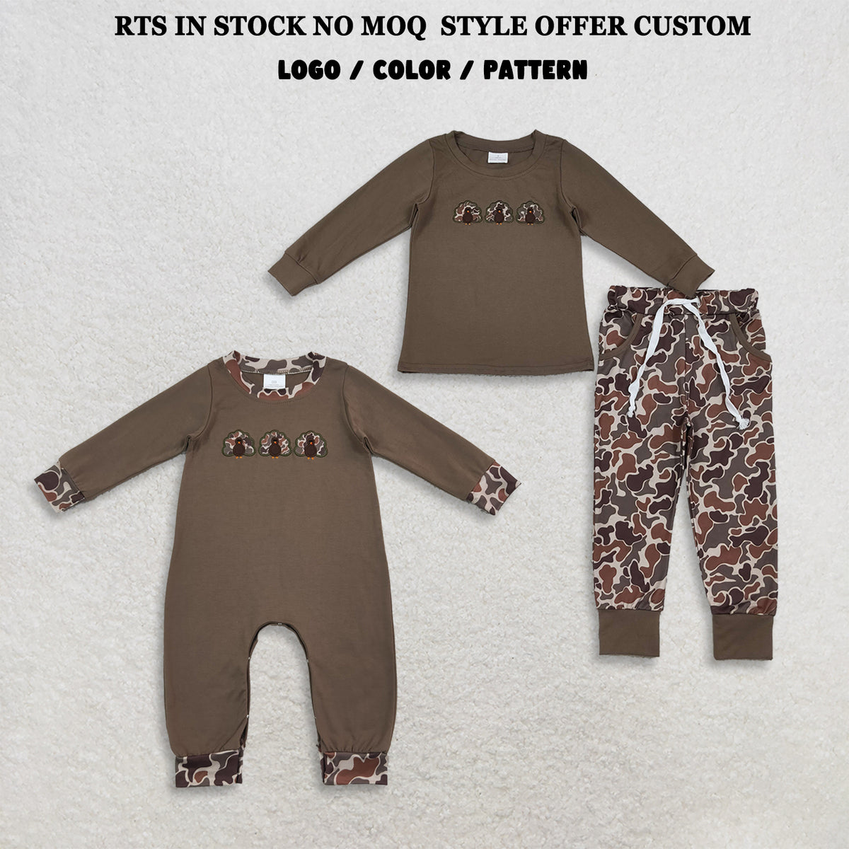 RTS NO MOQ Sibling milk silk Embroidery Camo Turkey Baby Boys Pockets Jogger Casual Fall Outfit Rompers
