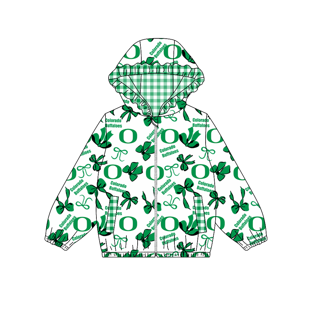 custom moq 5 mix size XFC070901 Baby Girls Bow Pocket Zip Team Print Long Sleeve Hoodie Casual Top