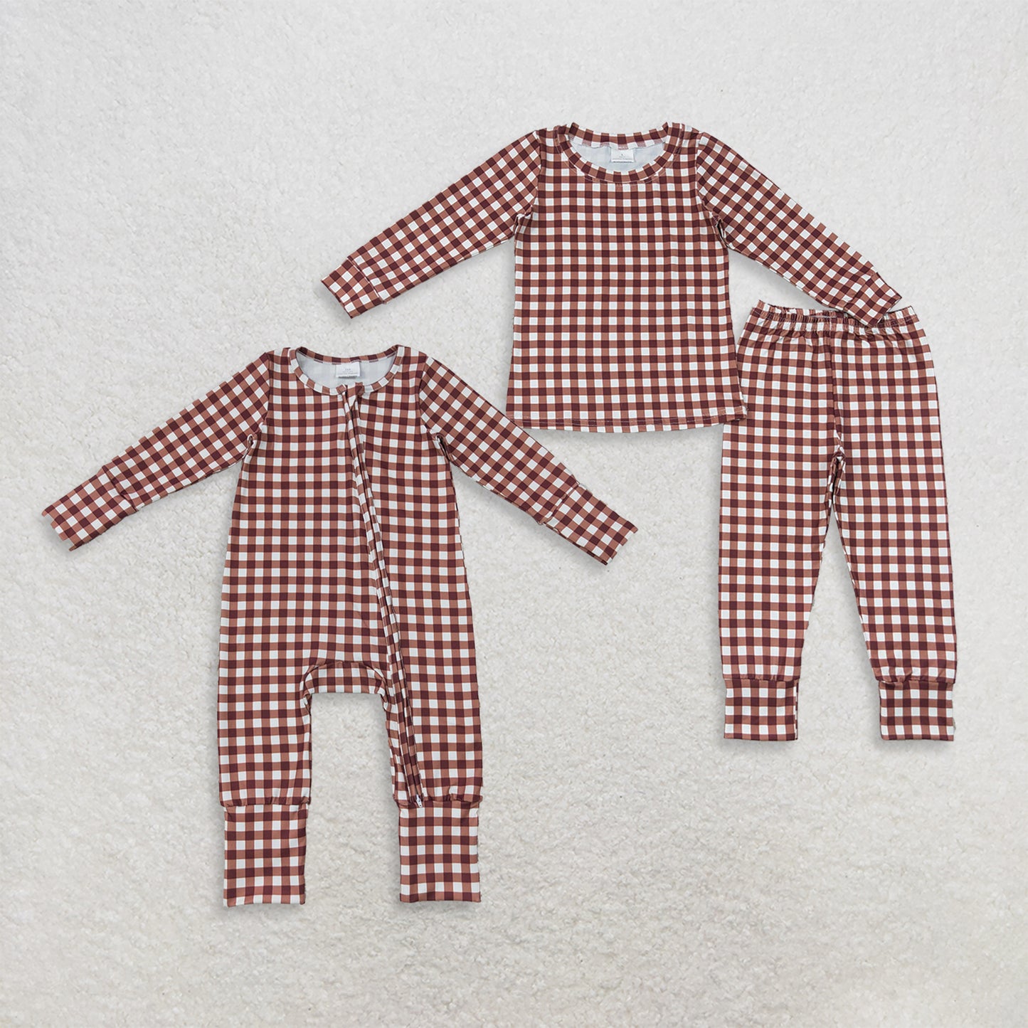 RTS NO MOQ Sibling milk silk Baby Boys Khaki Checked Print Top Matching Pants Pajamas Clothes Set Two Way Zip Convertible Rompers