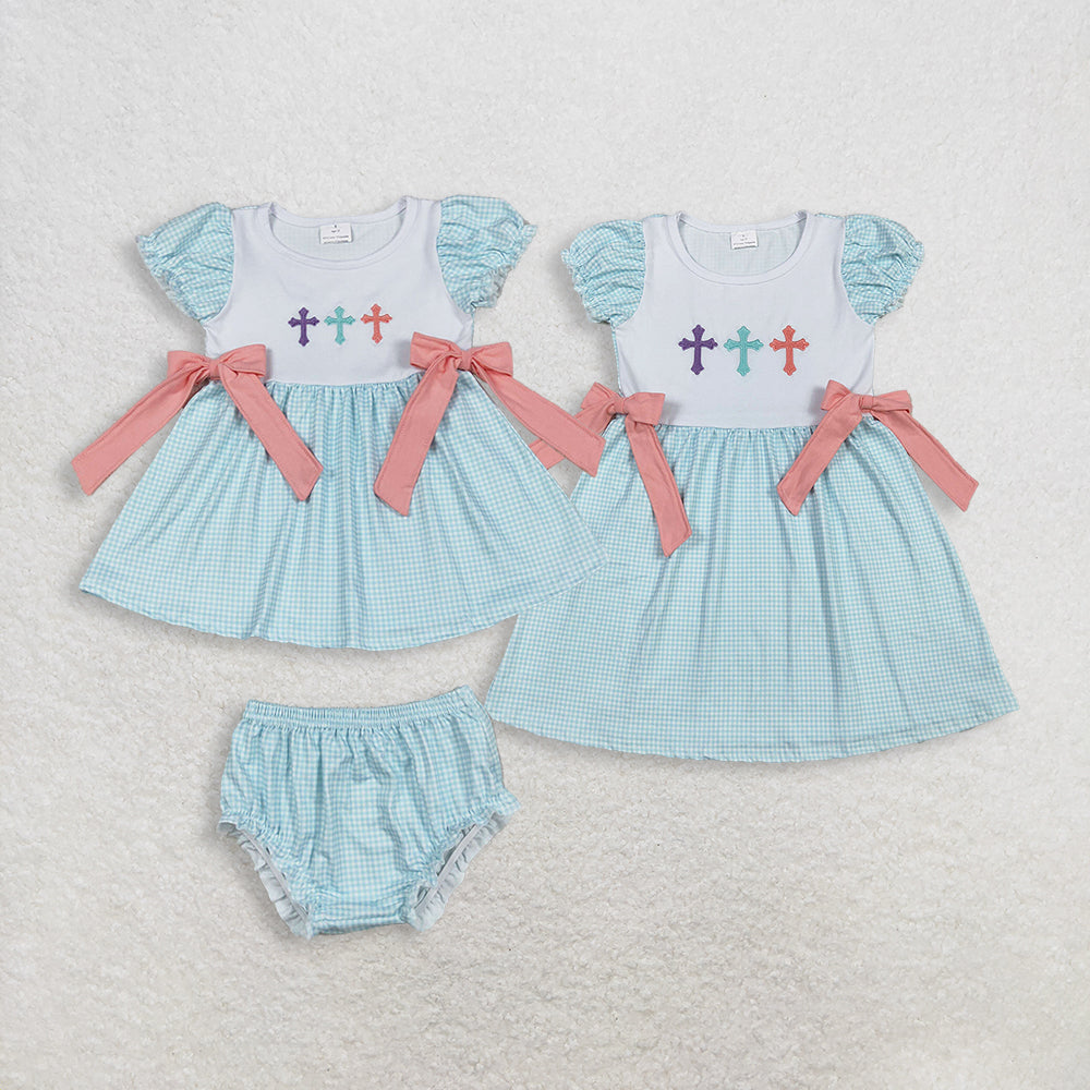 RTS NO MOQ Sibling baby girl clothes embroidery easter short sleeve briefs sets & dress