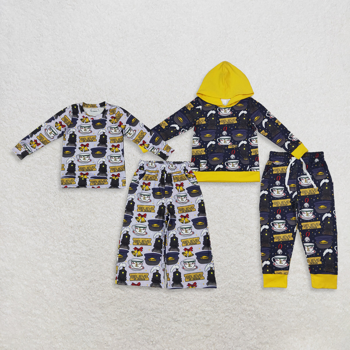RTS NO MOQ Sibling milk silk Baby Girls Boys Christmas Train Print Long Sleeve Pajama and Hooded Jogger Pants Set