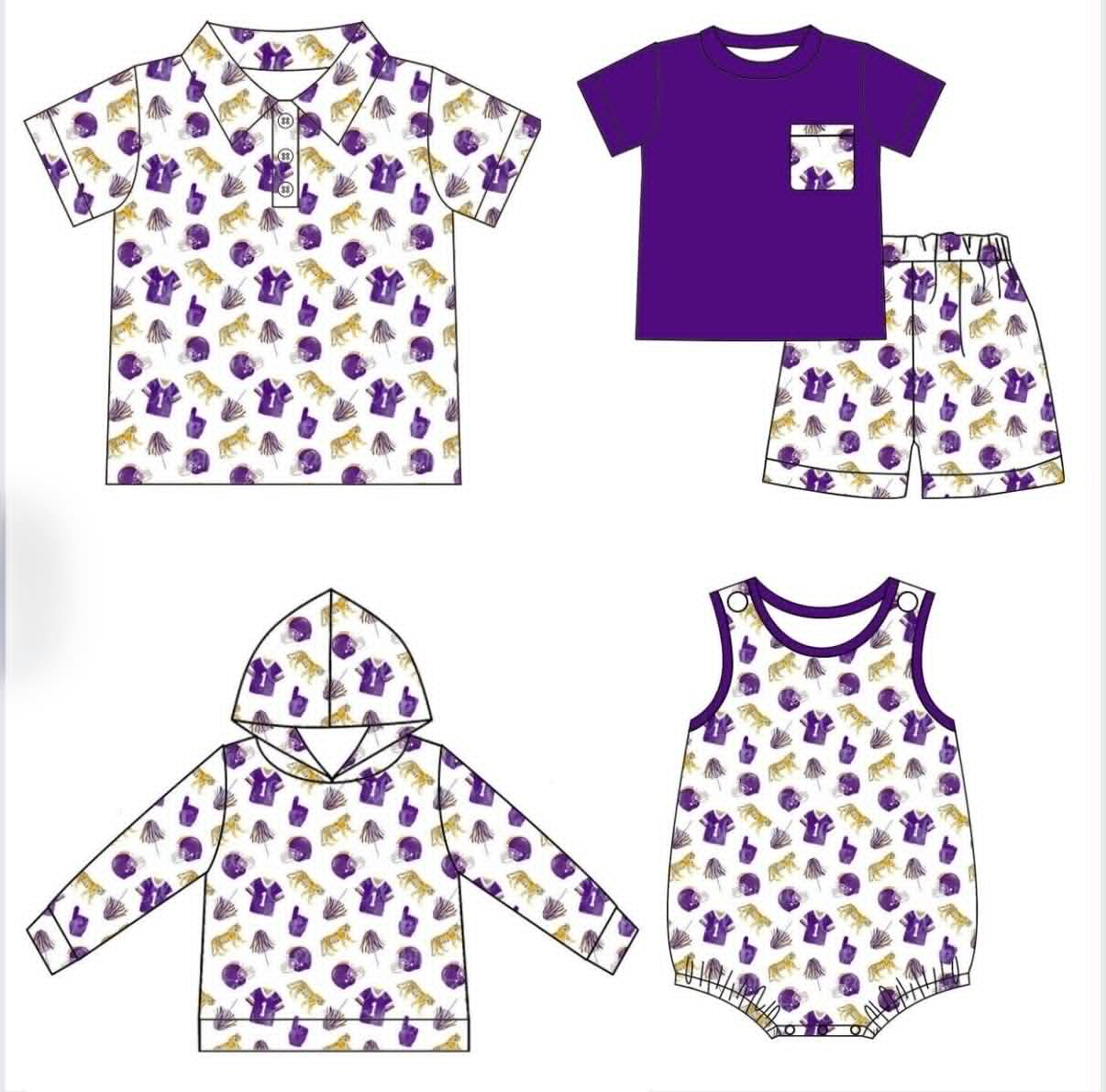 custom moq 5 mix size ATL062505 Baby Boys Purple Team Print Top Shorts Set With Matching Sleeveless Romper