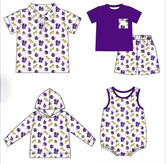 custom moq 5 mix size ATL062505 Baby Boys Purple Team Print Top Shorts Set With Matching Sleeveless Romper