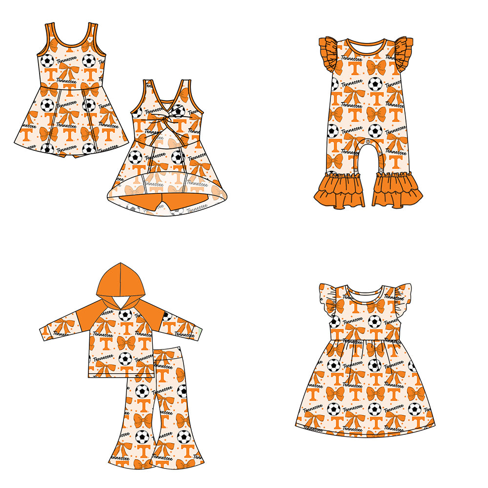 Custom moq 5 each style summer teams baby girls clothes team bow orange long sleeve hooded pants sets and dress 1 and dress 2 and romper-25.6.14