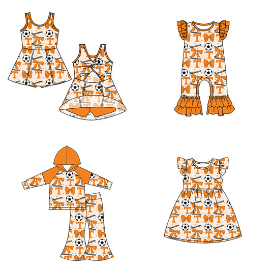 Custom moq 5 each style summer teams baby girls clothes team bow orange long sleeve hooded pants sets and dress 1 and dress 2 and romper-25.6.14