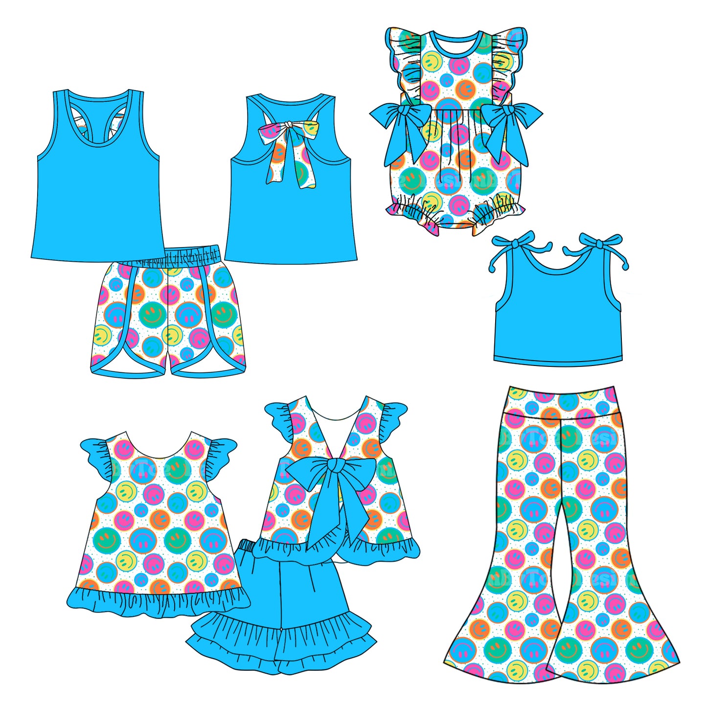 4.1 Custom moq 5 mix size Sibling Baby Girls Blue Flutter Sleeve Top Shorts Set Vest Shorts Set Sleeveless Pants Yoga Set Matching Rompers
