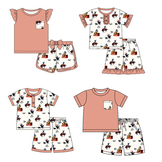 12.17 custom each style moq 5eta 4-6week Sibling Sister riding horse baby boy short sleeve shorts fish sets 1 and easter sets 2 and set 3 match design