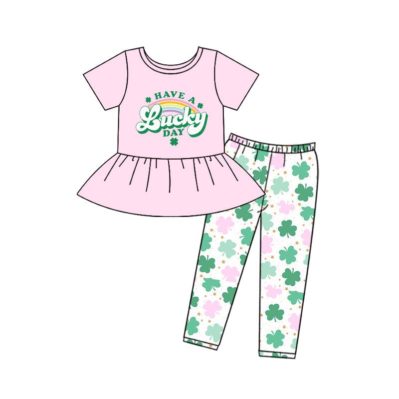 10.30 custom each style moq 5eta 4-6week baby girls clothes lucky pink short sleeve pants sets