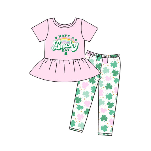 10.30 custom each style moq 5eta 4-6week baby girls clothes lucky pink short sleeve pants sets