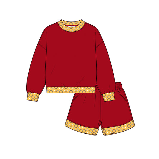 Custom moq 5 cotton fabric girls sets  Red and yellow long-sleeved top and shorts set blank offer custom logo sets