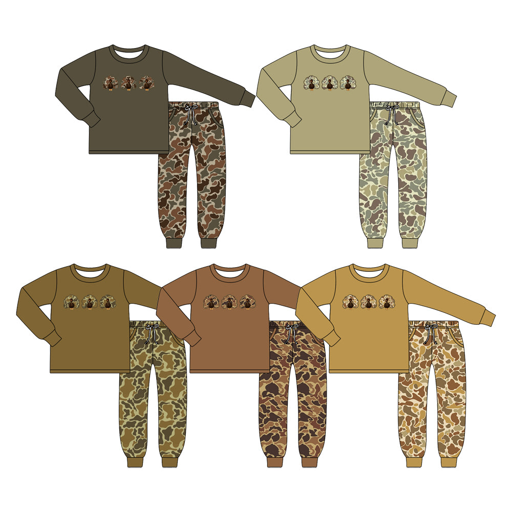 (Preorder new) No moq Baby Boys Camo Turkey Pocket Top Jogger Pants Autumn Thanksgiving Sets