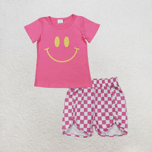 RTS NO MOQ milk silk GT0959+SS0431 Baby Girls Pink Short Sleeves Smile Shirts Tops Checkered Shorts Set