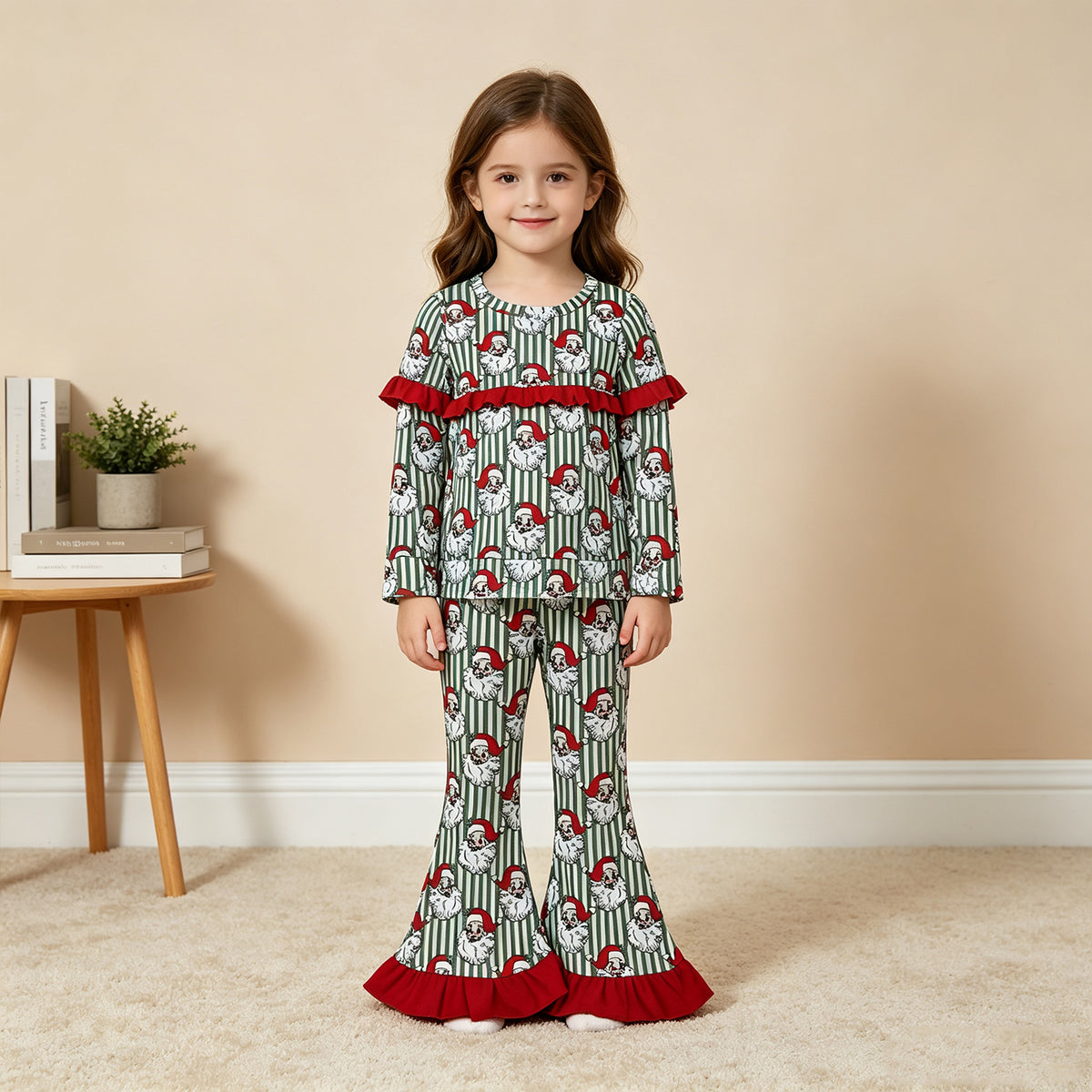 NEW RTS NO MOQ milk silk GLP3452 Baby Girls Santa Green Stripe Print Long Sleeve Top Bell Bottom Flare Pants Christmas Clothes Set