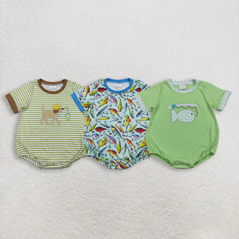 RTS NO MOQ Sibling Embroidery Dog Fishes Baby Boys Short Sleeve Rompers Striped Hunting Fishing Theme Outfit for Little Ones