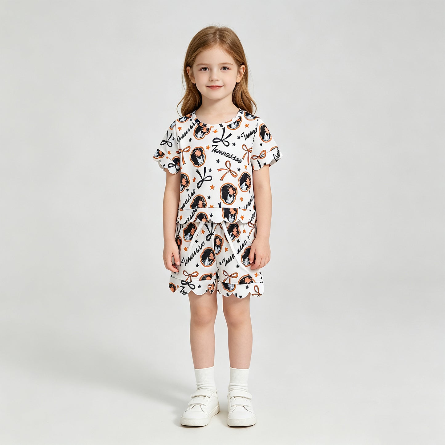 NEW RTS NO MOQ milk silk GSSO3251 Baby Girls Star Bow Short Sleeve Top Scallop Trim Casual Shorts Team Daily Outfit