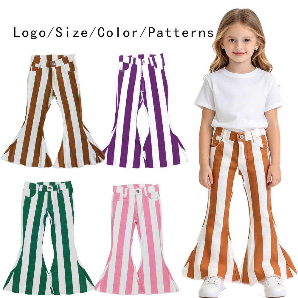 RTS NO MOQ Sibling Denim Baby Girls Stripe Casual Bell Bottom Denim Pocket Pants