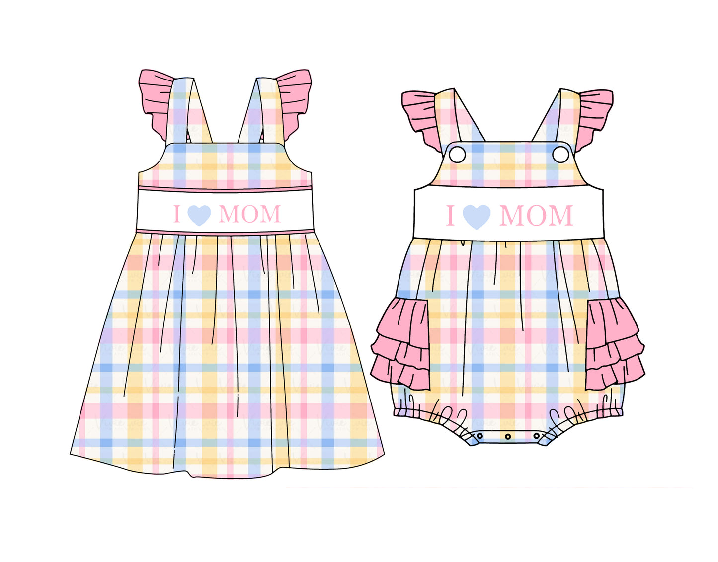 Custom moq 5 mix size Sibling I Love Mom Plaid Print Sleeveless Romper Dress for Baby Girls Outfit