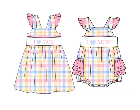 Custom moq 5 mix size Sibling I Love Mom Plaid Print Sleeveless Romper Dress for Baby Girls Outfit