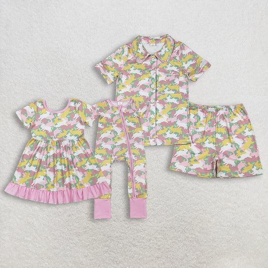 RTS baby girls clothes and adult summer bunny camouflage short sleeve dress and romper and adult Short sleeve Shorts sets