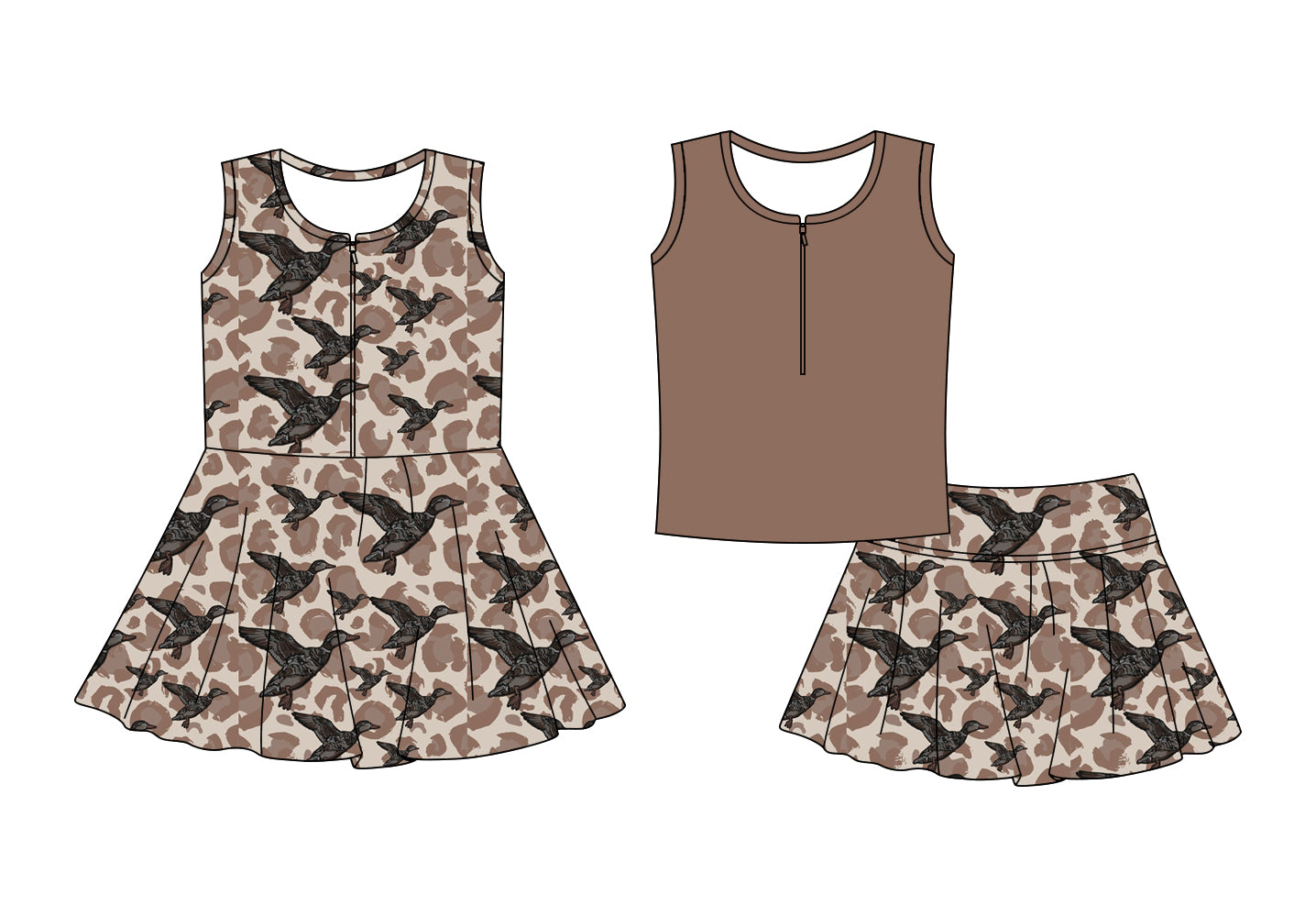 Custom moq 5 mix size Sibling Brown Baby Girls' Sleeveless Zipper Yoga Set Skirt Top Set Cute Zipper Yoga Dress for Little Girls