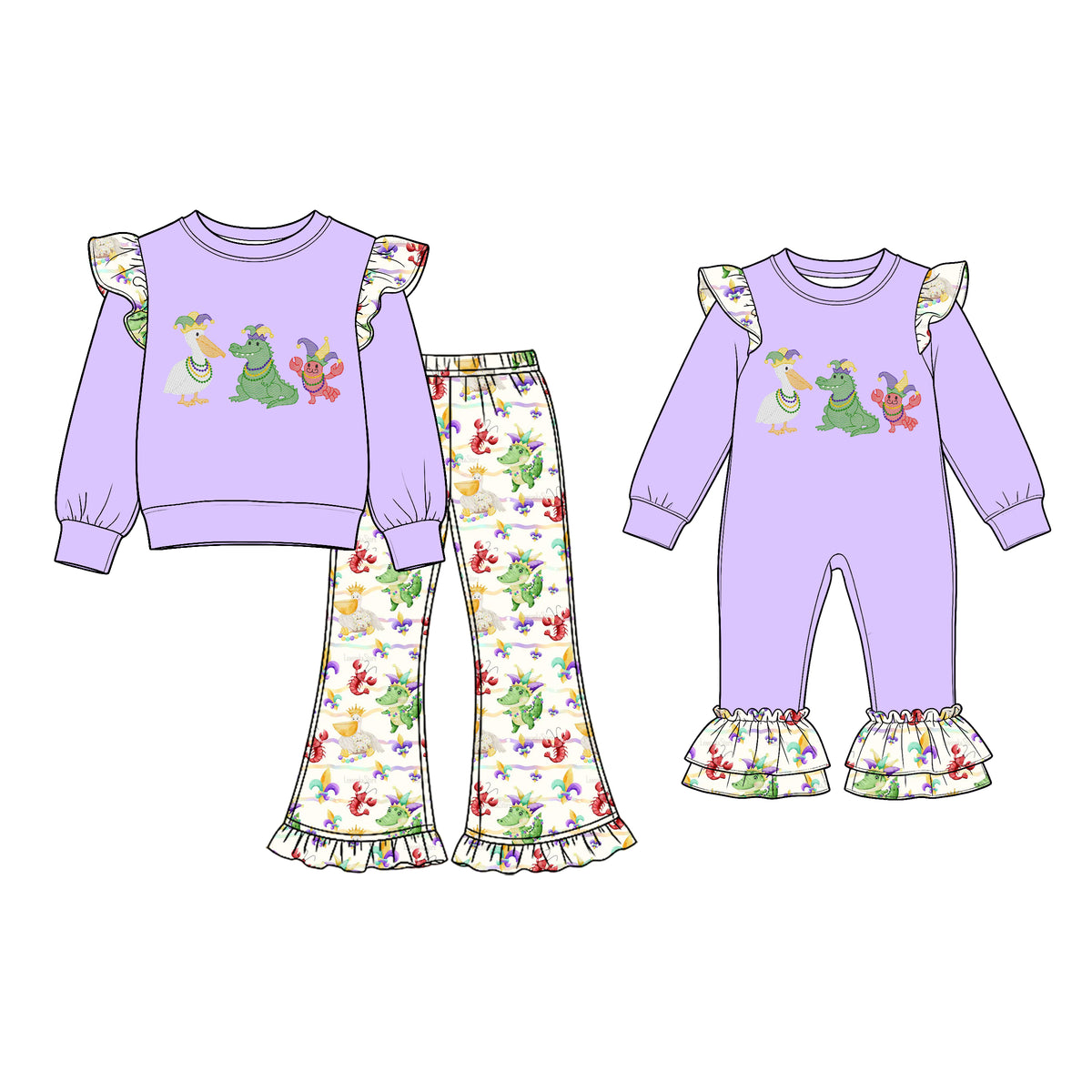 (Preorder new) No moq Baby Girls Purple Print Ruffle Sleeve Top and Flare Pants Set Ruffle Long Sleeve Romper