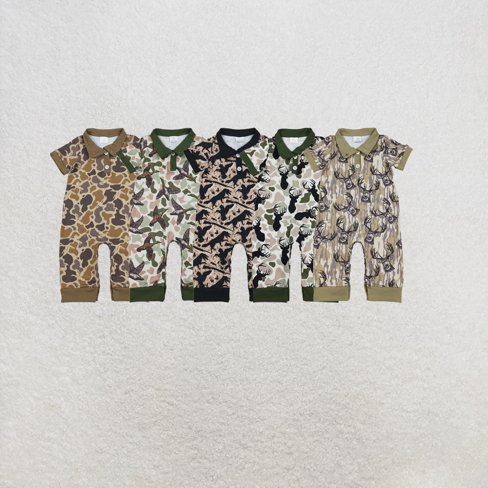RTS NO MOQ Sibling Baby Boys Short Sleeve Southern Hunting Duck Dogs Deer Camo Button Rompers