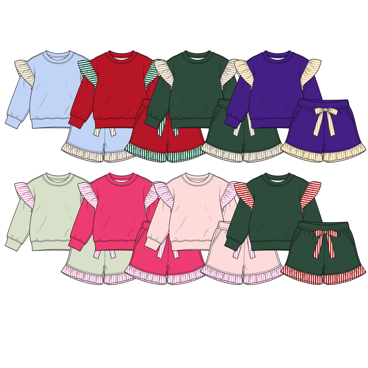 (Preorder new) No moq cotton fabric solid color Baby Girls stripe sweater Flutter sleeves shorts sleeve shorts set