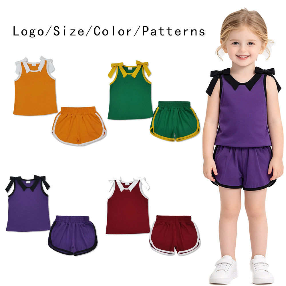 RTS NO MOQ Sibling cotton Baby Girls Bow Solid Sleeveless Top Matching Shorts Daily Set
