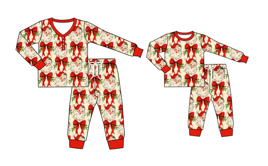 25.5.12 custom each style moq 5eta 4-6week Sibling Sister Christmas bow long sleeve pants sets and adult sets match design