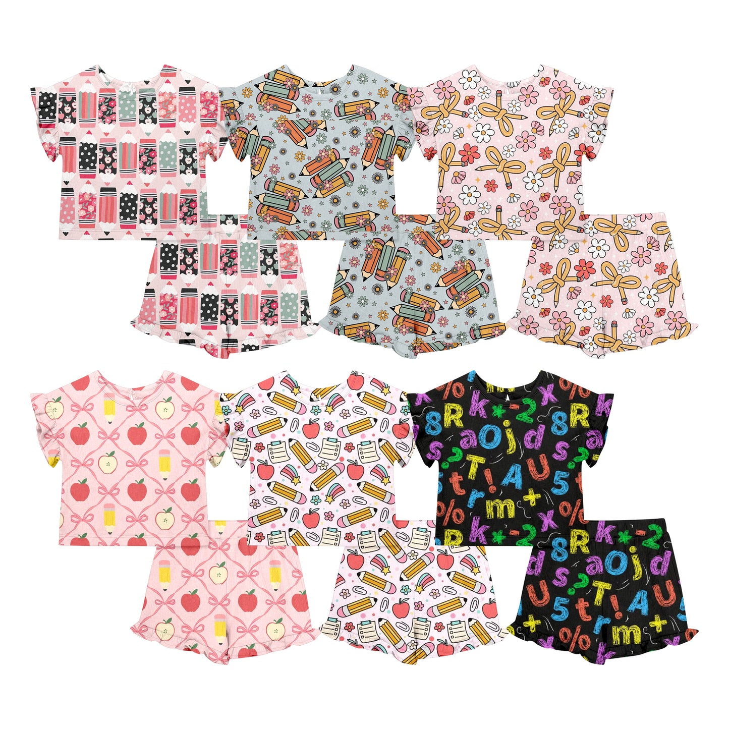 Custom moq 5 mix size Sibling Baby Girl Back To School  Short-Sleeved Top And Shorts Set Cute  Clothing for Little Ones