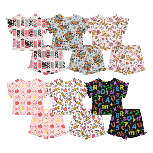 Custom moq 5 mix size Sibling Baby Girl Back To School  Short-Sleeved Top And Shorts Set Cute  Clothing for Little Ones