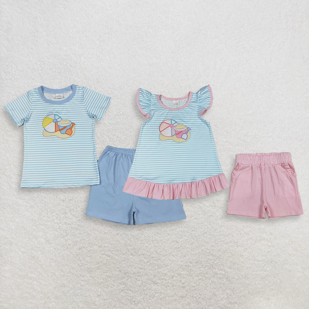 RTS NO MOQ Sibling Baby Boys Girls Embroidery Blue Stripe Top And Shorts Outfit Set