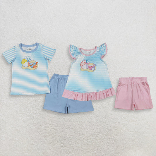 RTS NO MOQ Sibling Baby Boys Girls Embroidery Blue Stripe Top And Shorts Outfit Set
