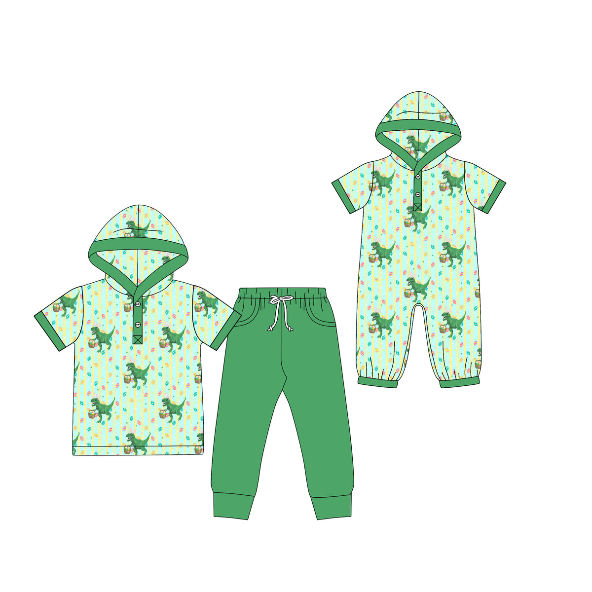 (Preorder new) No moq Baby Boys Easter Dinosaur Print Hooded Short Sleeve Top And Solid Green Pants Set Hooded Romper