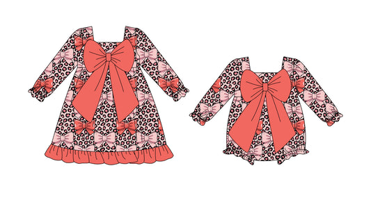 25.9.24 custom each style moq 8 eta 6-8week Sibling Sisters leopard bow baby girl long sleeve dress and rompers match family design