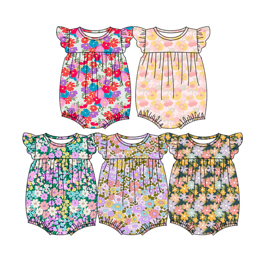 4.7  Custom moq 5 mix size Sibling Baby Girl's Colorful Flowers Romper with Flutter Sleeves Infant Outfit