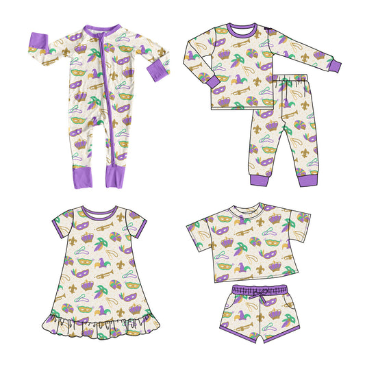 25.10.10 custom each style moq 5 eta 6-8week Sibling Sisters mardi gras baby girl long sleeve pants sets and shorts sets and dress and rompers match family design