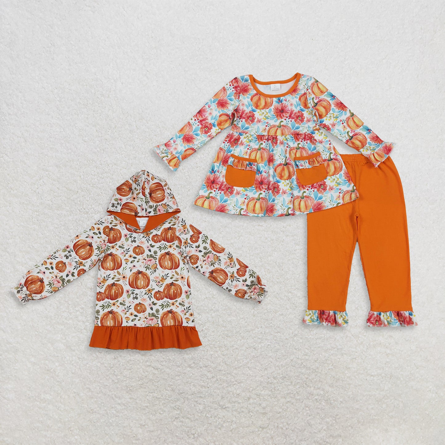 RTS NO MOQ Sibling milk silk Baby Girls Flowers Pumpkins Clothes Sets Hoodie