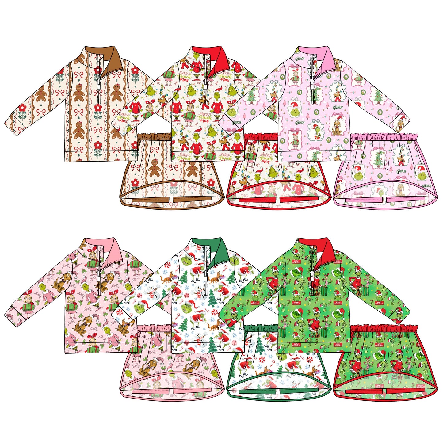 (Pre Order) No moq Baby Girls Cute Long Sleeve Zip Top Skirt Short Christmas Clothes Sets