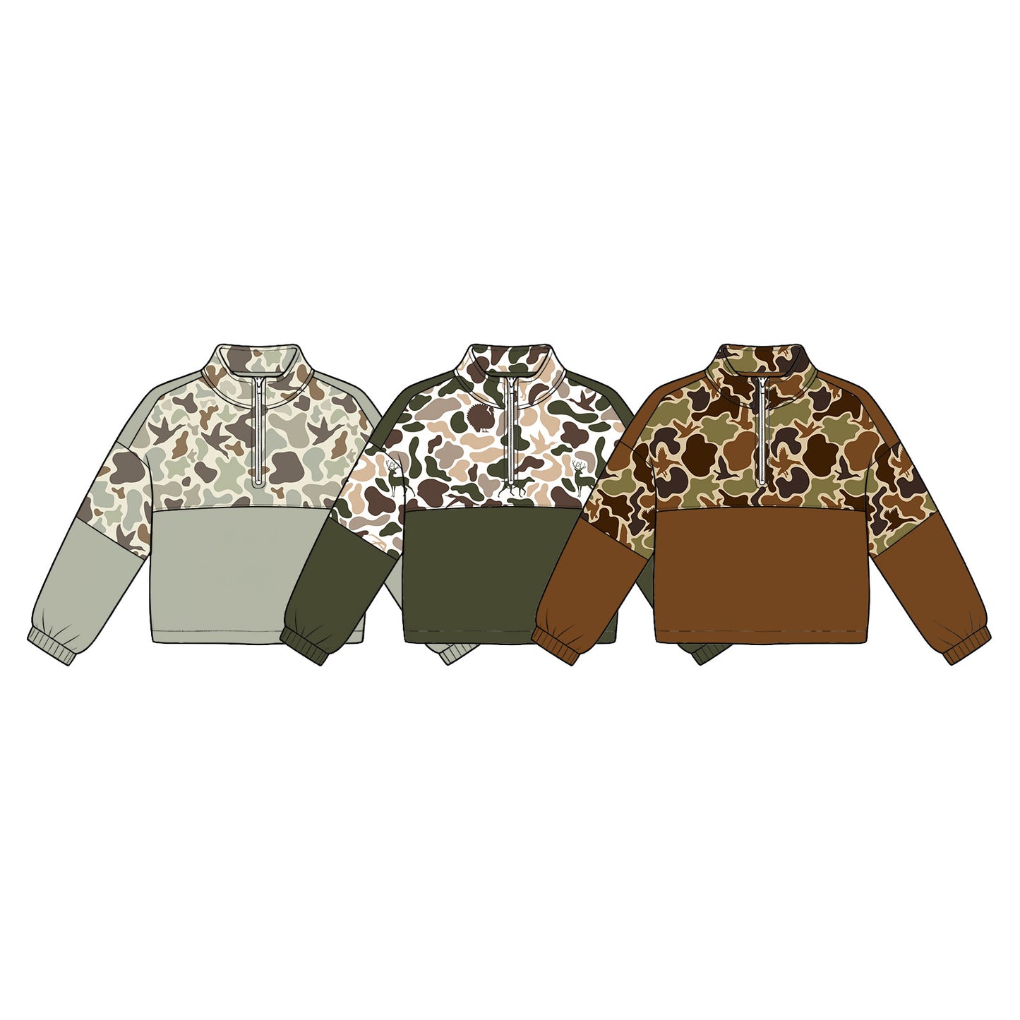 (Preorder new) No moq Baby Boys Camo Hunting Print Brown Duck Zip Up Pullover Long Sleeve Tops
