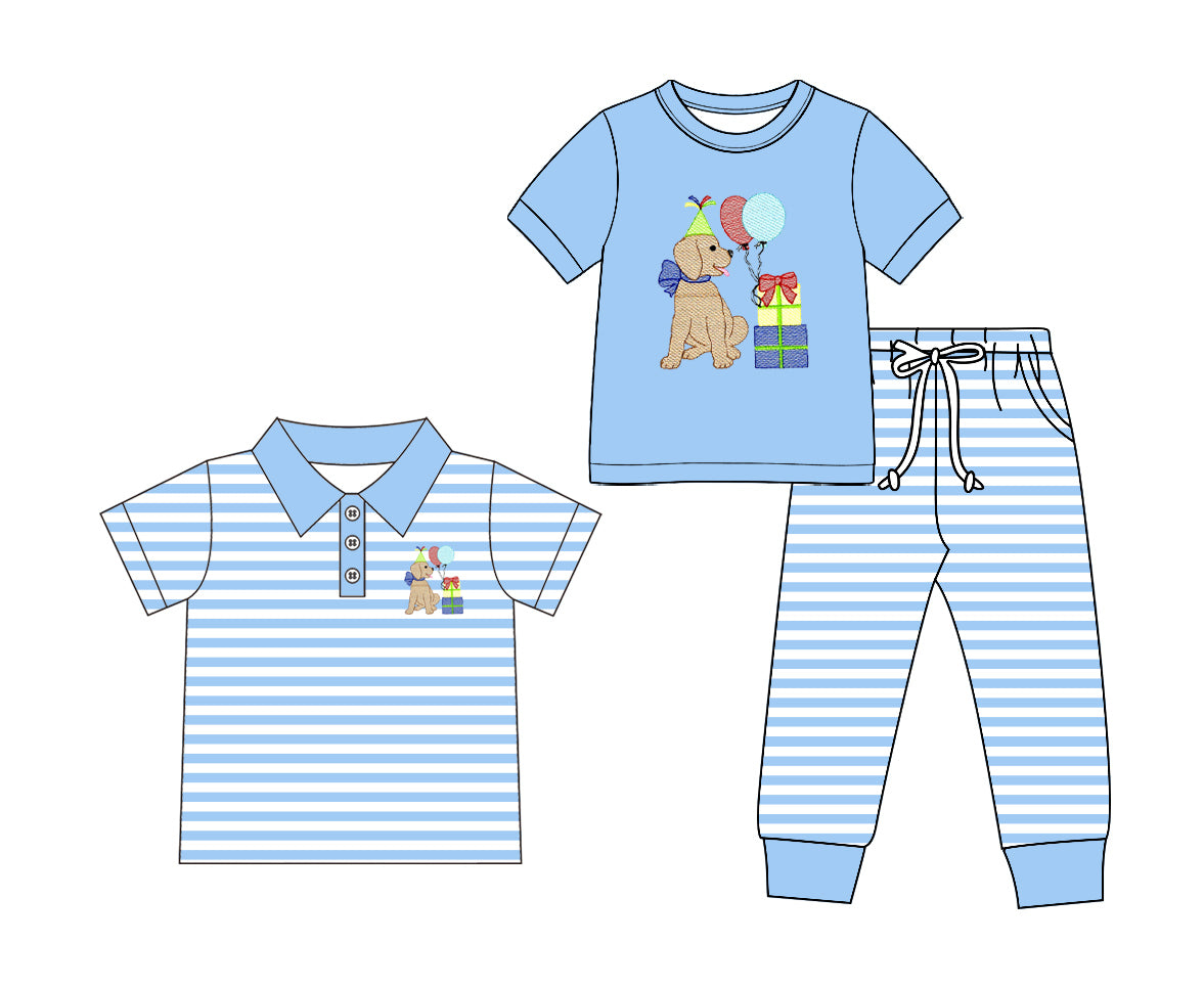 (Preorder new) No moq Baby Boys Birthday Dog Short Sleeve Top Blue White Stripe Drawstring Jogger Pant Set Short Sleeve Polo Tee