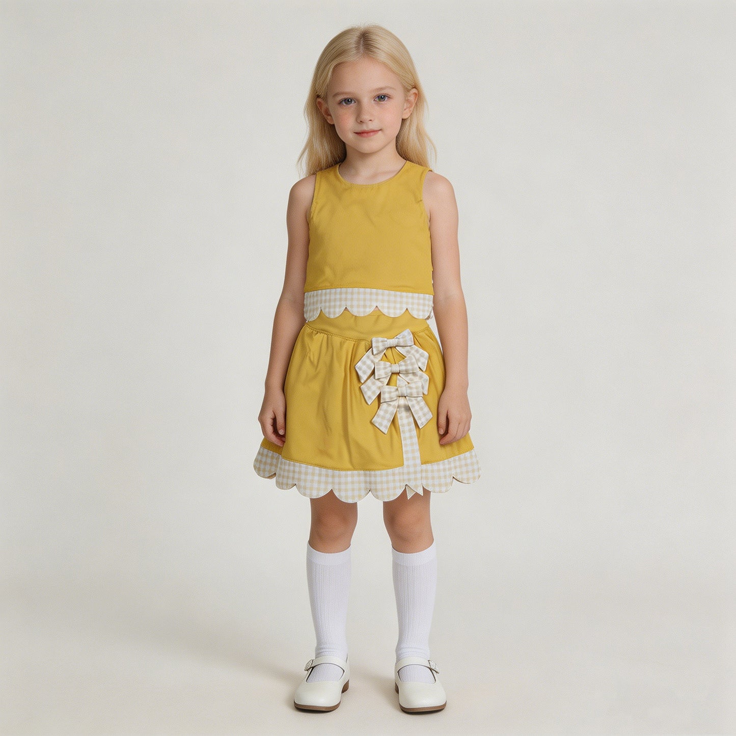 RTS NO MOQ yoga fabric GSD3324 Baby Girls Yellow Sleeveless Vest Top With Bows Skirt Shorts Yoga Clothes Set