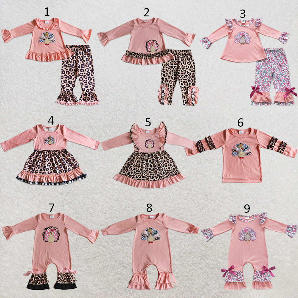 RTS NO MOQ Sibling milk silk Baby Girls Pink Fall Turkey Print Thanksgiving Tunic Top Ruffle Pants Two Piece Clothes Sets Dress Rompers