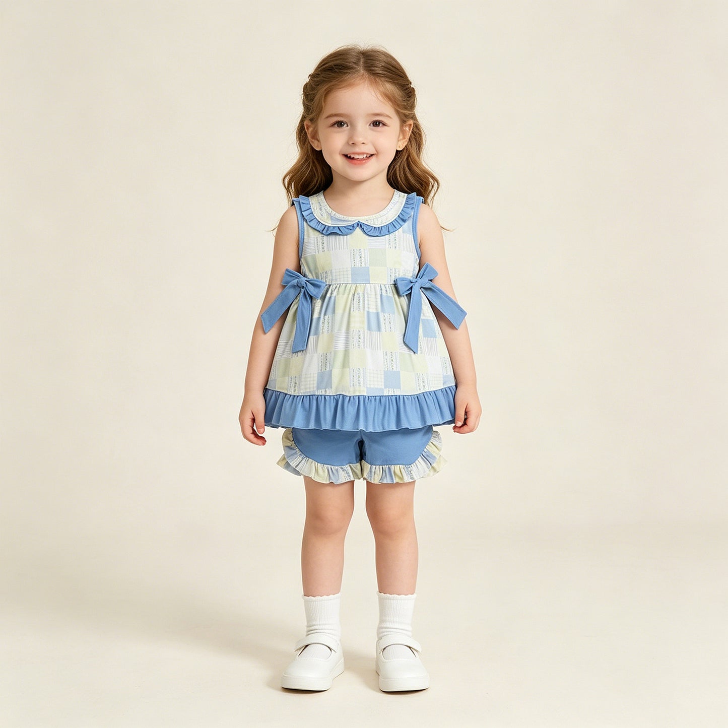 RTS NO MOQ milk silk GSSO3439 Baby Girls Checked Collar Floral Print Tunic Pockets Ruffle Shorts Set