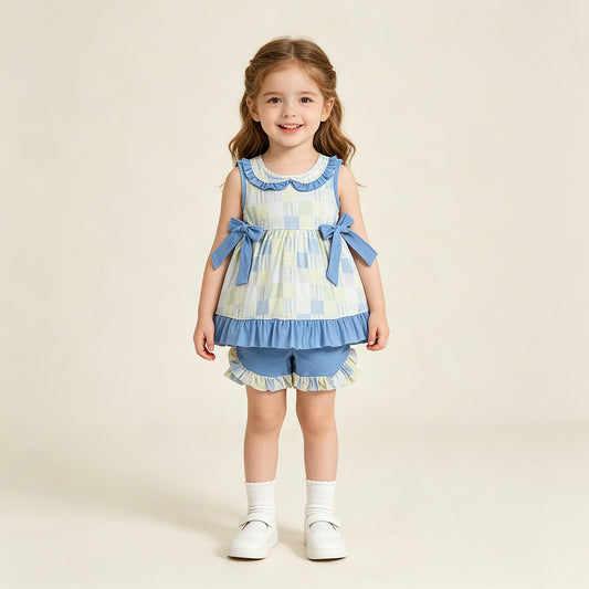 RTS NO MOQ milk silk GSSO3439 Baby Girls Checked Collar Floral Print Tunic Pockets Ruffle Shorts Set