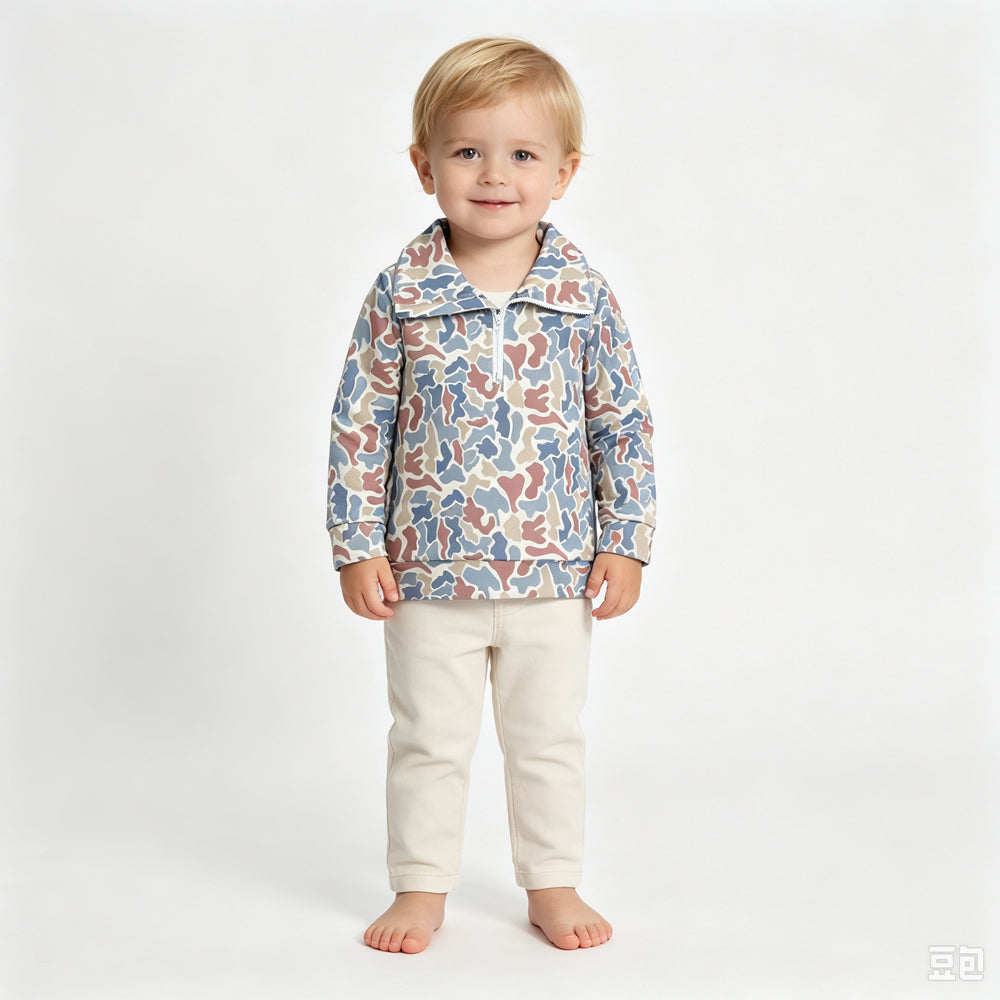 RTS NO MOQ Sibling milk silk Baby Boys Camo Deer Print Half Zip Collared Long Sleeve Shirt